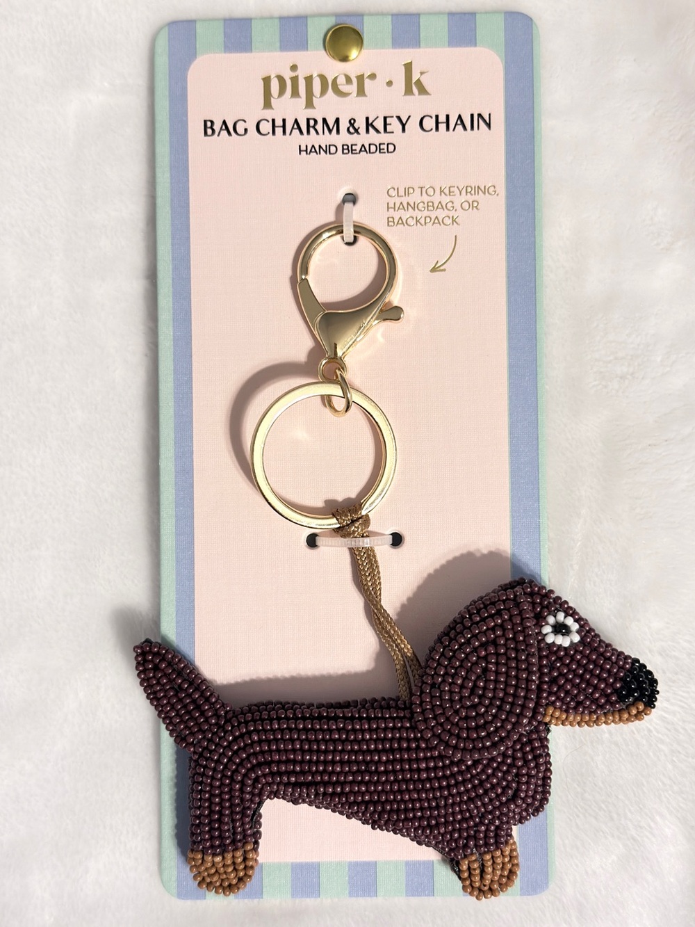 Piper K Hand-Beaded Brown Dachshund Bag Charm with Gold Hardware